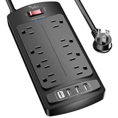 Surge Protector Power Strip - Nuetsa Flat Plug Extension Cord with 8 Outlets and 4 USB Ports, 6 Feet Power Cord (1625W/13A), 2700 Joules, ETL Listed, Black Nuetsa