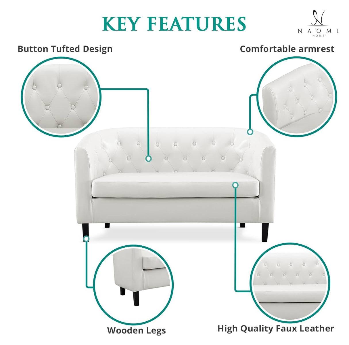 Emma Loveseat, Button Tufted Faux Leather Barrel Loveseat, Midcentury Modern 2 Seater Sofa Couch, Small Loveseat for Small Spaces, Bedrooms, Couches for Living Room, Easy Tool-Free Assembly - White Naomi Home