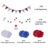 Whaline 4th of July Party Decorations Set, Patriotic USA Flag Pennant Bunting, Red White Blue Paper Fans, Star Garland Hanging Streamers, Tissue Pom Pom Flowers for Independence Day Decor, 14Pcs Whaline