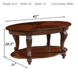 YWUFUART 42" Wood Coffee Table for Living Room Oval Coffee Table with Storage Shelf, Antique Table Legs with Elegant Carvings, Easy Assembly, Cherry YWUFUART