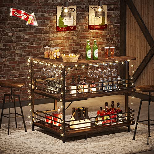 Tribesigns Rustic Brown L-Shaped Home Bar Unit with 3 Tiers and Wine Glass Holder - WoodArtSupply