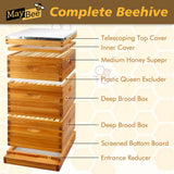 MayBee 10 Frame Screened Bottom Board Beehive Dipped in 100% Beeswax, Bee Hives Kit Includes 2 Deep Boxes & 1 Medium Box with Beehive Frames and Heavy Wax Coated Foundations.Preferred for Summer. MayBee