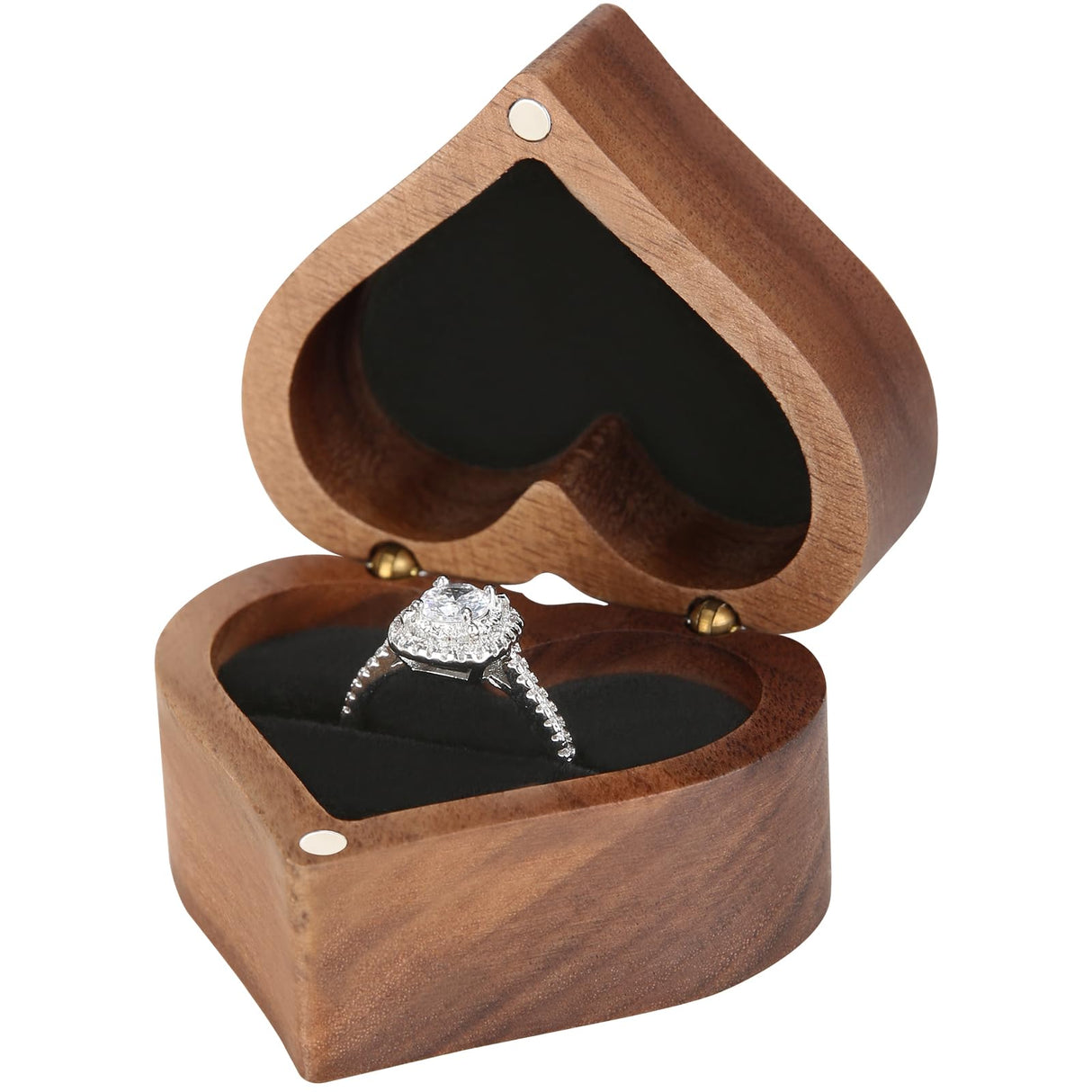 LETURE Wooden Heart Shape Ring Gift Box with Single Slot 2 Slot, Personalized Vintage Wood Jewelry Box for Proposal Engagement Wedding Ceremony Anniversary (Black-1 Slot) LETURE