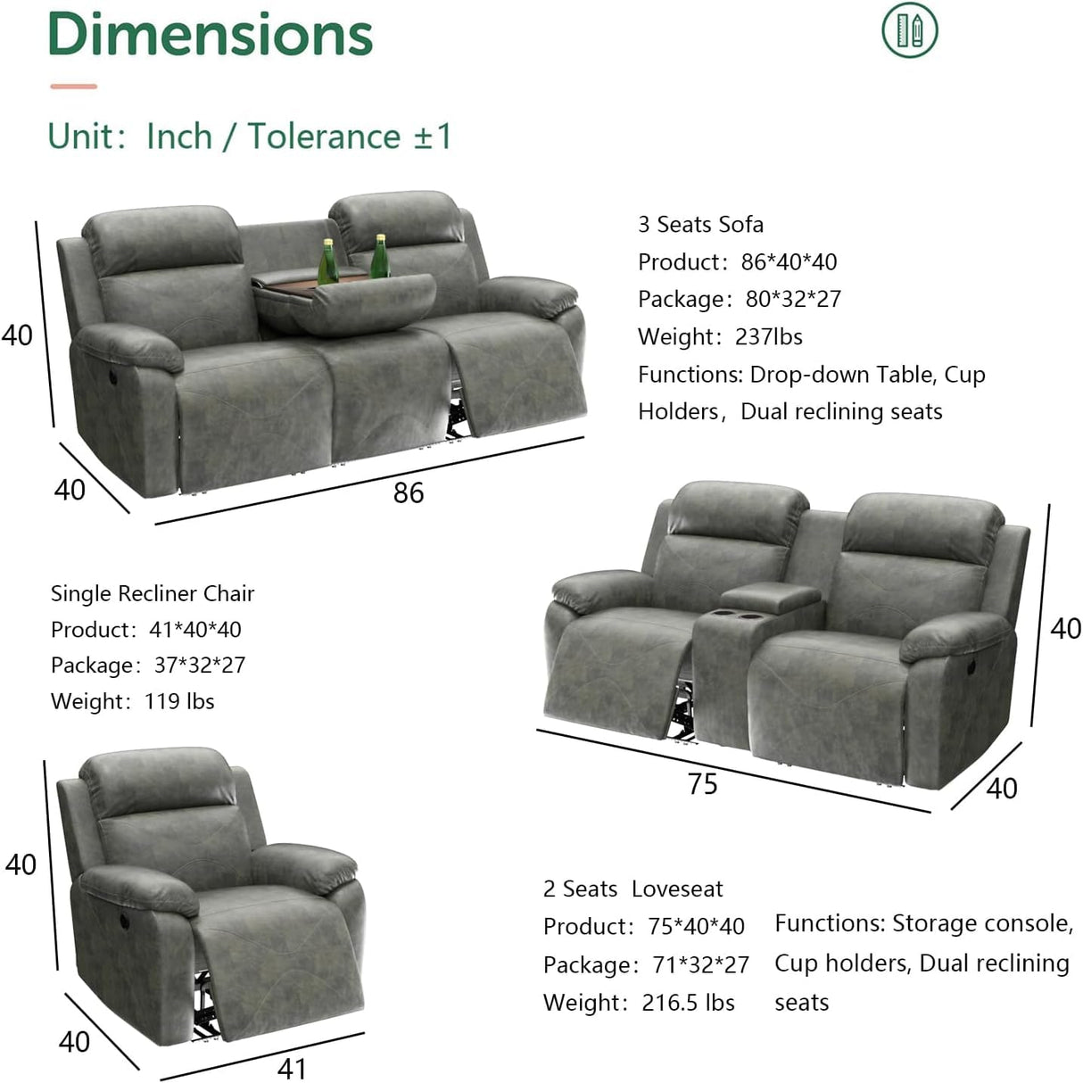 Air Leather Power Recliner Sofa Set with LED, Reclining Living Room Furniture Sets, Power Recliner Couch Set with USB Ports for House/Home Theater (Grey, Sofa+Loveseat+Chair) AYCP Furniture