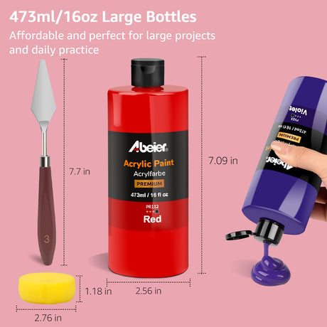 ABEIER Large Bulk Acrylic Paint Set, 15 Colors (473 ml/16 fl oz), Matte Finish, Rich Pigments, Non-Toxic Paints for Painting on Canvas Crafts Wood Ceramic, Ideal for Beginners and Students ABEIER