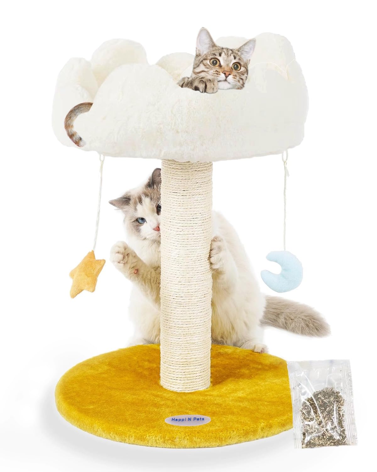 Happi N Pets Cloud Cat Tree, Cat Scratching Post with Bed, Cat Tree Tower for Indoor Cats, Sisal Cat Scratcher with Soft Perch for Kitten & Adult Cats, Small Cat Tower with Toys, Cat Scratch Post Happi N Pets