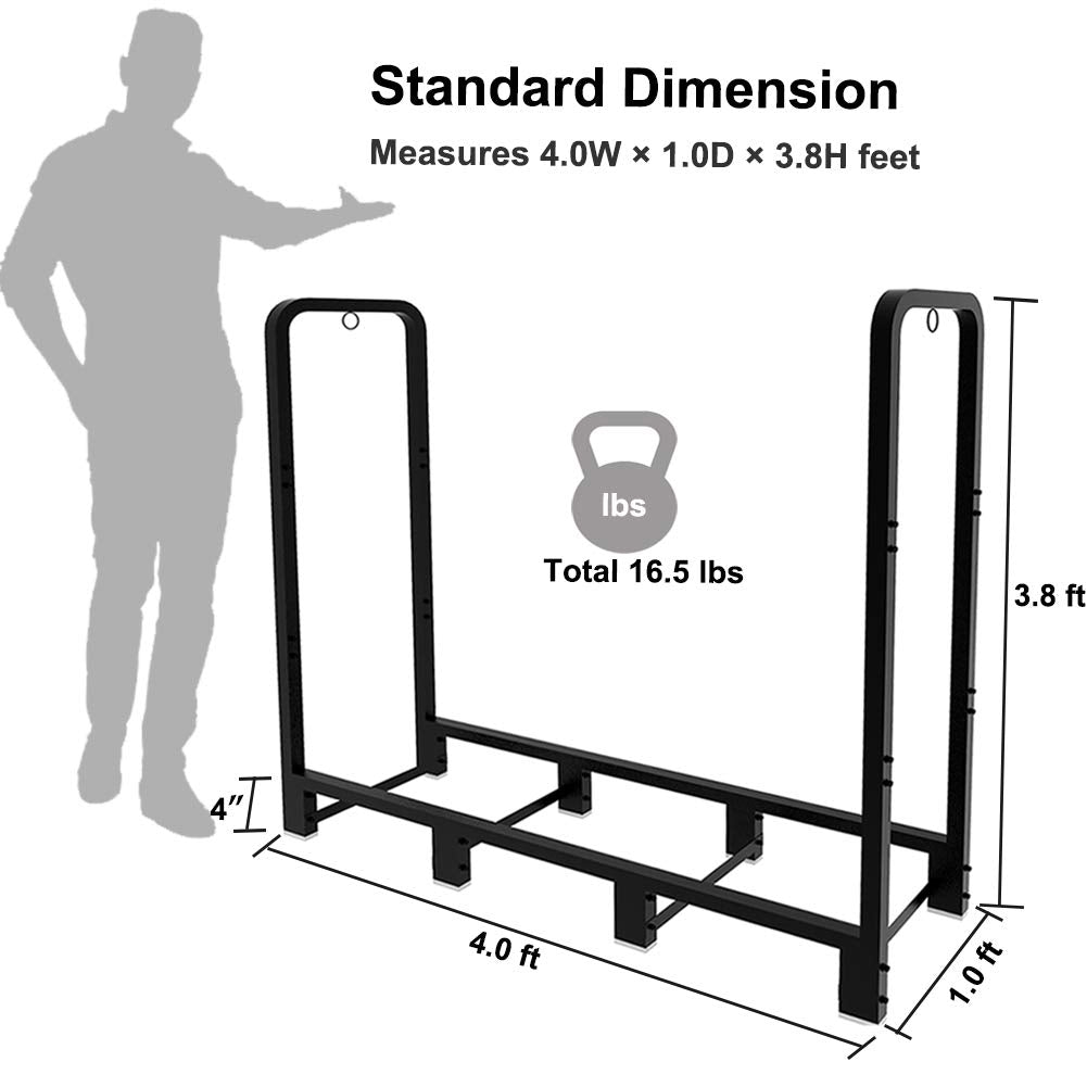 Artibear 4ft Outdoor Firewood Rack, Upgraded Adjustable Heavy Duty Logs Stand Stacker Holder for Fireplace - Metal Lumber Storage Carrier Organizer, Bright Black Artibear