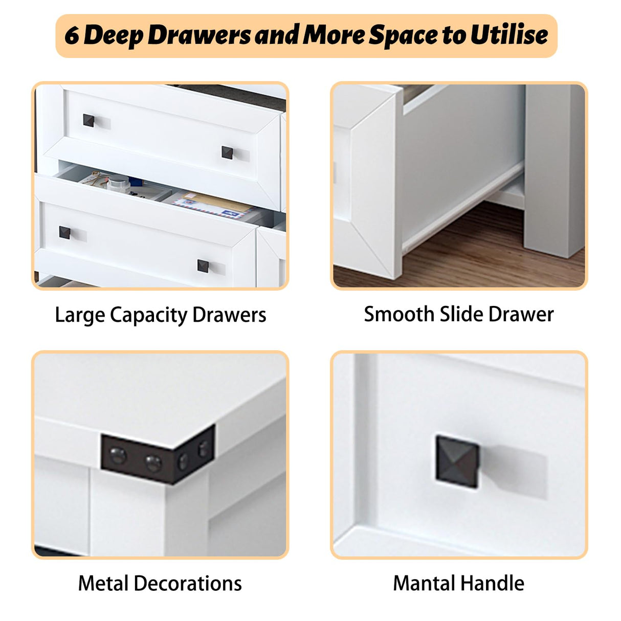 Wodeer White 6 Drawers Dresser for Bedroom,Wood Farmhouse Storage Chest of Drawers, Dresser with Metal Handles,Dressers Organizer for Bedroom, Living Room,Nursery,Hallway,White Wodeer