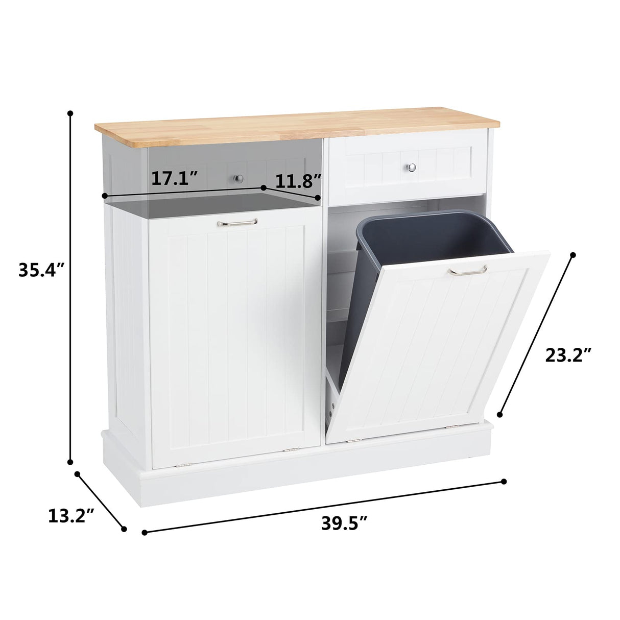 GTQuality Double Tilt Out Trash Cabinet, Dual Kitchen Trash Bin Cabinet with Hideaway Drawer, Wooden Free Standing Recycling Cabinet Garbage Can Holder Pet Proof(White) GTQuality