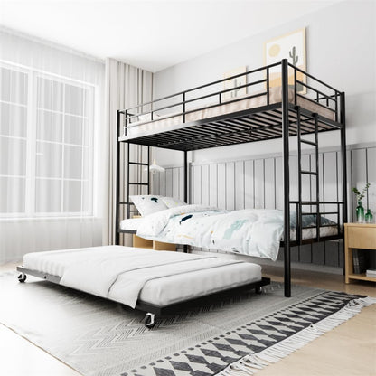 TURRIDU Bunk Bed Twin Over Twin with Trundle, Metal Triple Bunk Beds with 2 Side Ladders, Heavy Duty Bed Frame for Girls Boys Teens Adults, Can be Divided Into 3 Beds, No Box Spring Needed, Black