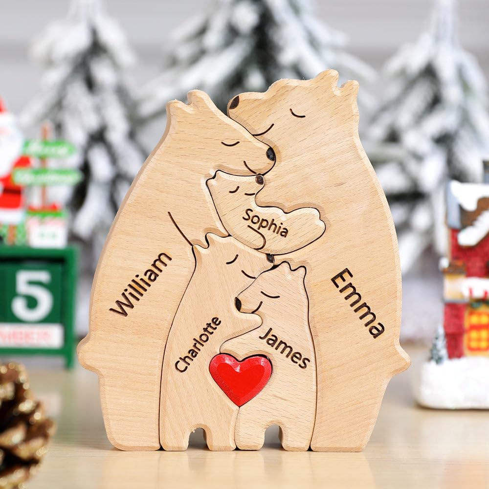 Personalized Wooden Bear Puzzle with 1-8 Family Name, Custom Family Name Sculpture - Ideal for Christmas, Birthdays, Housewarming - Unique Wooden Decor Gift for Mom and Dad - WoodArtSupply