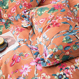 Eikei Botanical Garden Duvet Cover Washed Brushed 100-percent Cotton Bedding Set Asian Chinoiserie Print Colorful Tropical Tree Branches and Birds Floral Pattern (Queen, Orange) Eikei