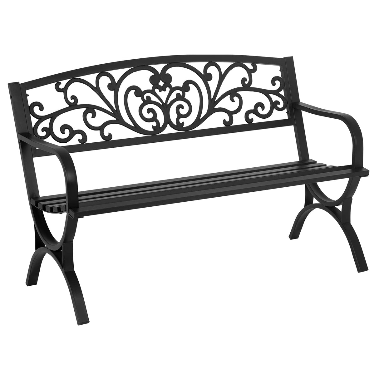 FDW Patio Garden Bench 50 inch Outdoor Metal Loveseat Chairs with Armrests Slatted Seat and w/Floral Design Backrest for Park, Yard, Porch, Lawn, Balcony, Backyard, Black FDW