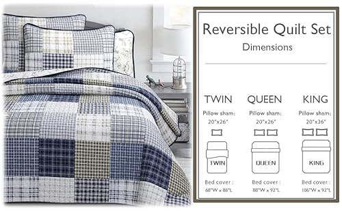 Cozy Line Home Fashions Benjamin Cute Dinosaur Plaid Navy Blue White Grey Bedding Quilt Set 100% Cotton Reversible Coverlet Bedspread Set for Kids Boy(Twin - 2 Piece) Cozy Line Home Fashions