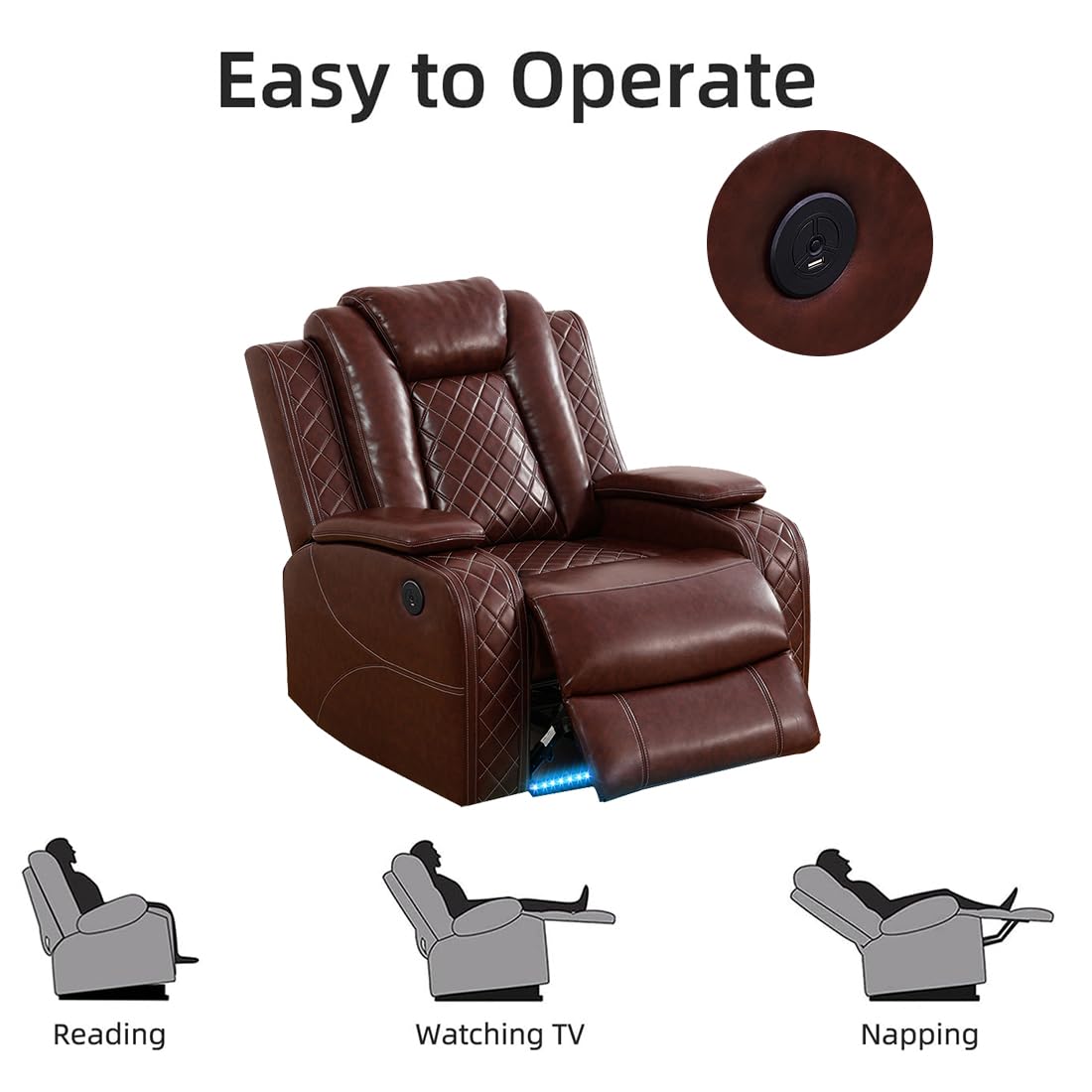 Toseslo Living Room Furniture Sets, Power Reclining Sofa Set, Brown Leather 2 Recliner Sectional with LED Light,Modern Power Recliner Sofa Sets with Cup Holder/Storage Console for Living Room Toseslo