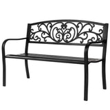 VINGLI Outdoor Bench for Patio Metal Garden Bench w/PVC Back Pattern, Black Park Benches Front Porch Benches for Yard Lawn Decor Deck Entryway (Floral) VINGLI