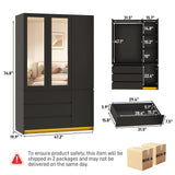 jiteentarou 3 Doors Armoire Wardrobe Closet with 3 Drawers & Mirror, Modern Wooden Bedroom Armoires with Hanging Rod Led Lights for Bedroom, Black jiteentarou