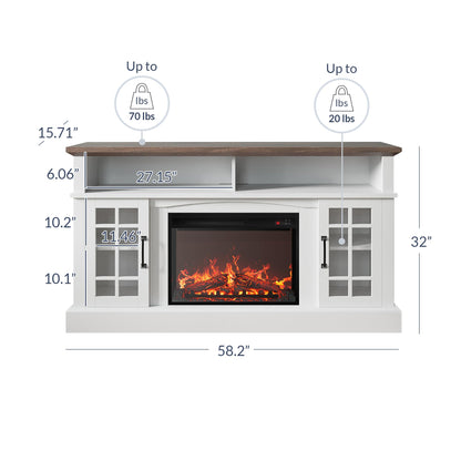 BELLEZE Traditional 58" Rustic TV Stand with 23" Electric Fireplace Heater with Sound, Media Entertainment Center Console Table for TV up to 65" with Open Storage Shelves and Cabinets - White