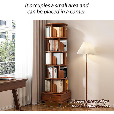 Angel Sar Modern 6 Tier Rotating Bookshelf with Drawer & Wheels, 360° Spinning Corner Bookcase for Small Spaces, Tall Storage Shelf for Bedroom, Living Room, or Office, Walnut Angel Sar
