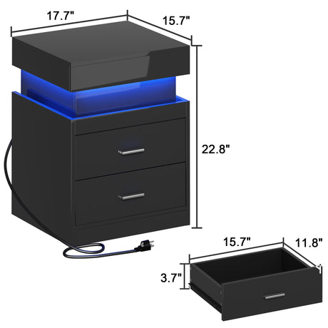 ChooChoo LED Nightstand with Charging Station,Smart Night Stand with Sliding Top Storage, 2-Drawers High Gloss Bedside Table, Modern End Table for Bedroom,Black ChooChoo
