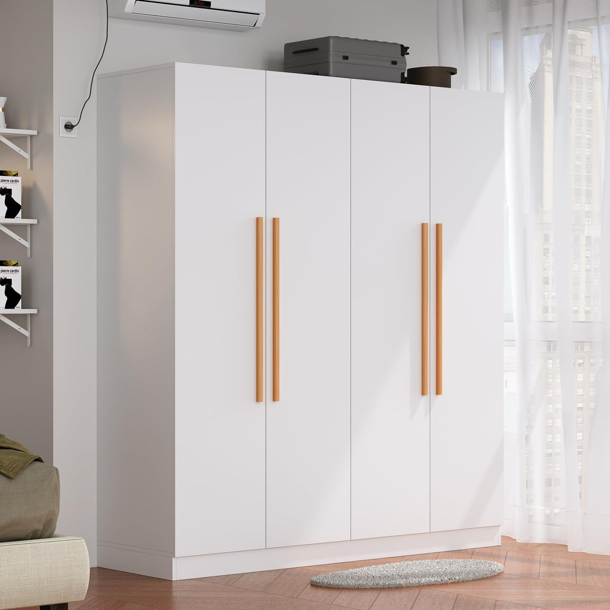Fddevelop 4 Doors Wooden Wardrobe Closet Armoire, White Storage Cabinet for Hanging Clothes, Bedroom Extra Large Capacity Freestanding Armoire,Wood Wardrobe Combination with Shelves (White) (White) Fddevelop
