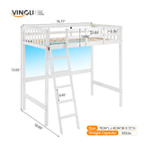 VINGLI Loft Bed Twin Size with USB Charging Station/LED, Solid Wood Single Loft Bunk Bed with Flat Rungs for Kids/Teens/Adults, 15 inches High Guardrail,Wood Slat Support No Box Spring Needed, White VINGLI