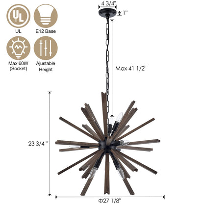 VANZARLA 9-Light Sputnik Pendant Light Black, Farmhouse Wood Chandelier for Dining Room Industrial Hanging Light Fixture Ceiling for Bedroom Entryway Kitchen Foyer Living Room