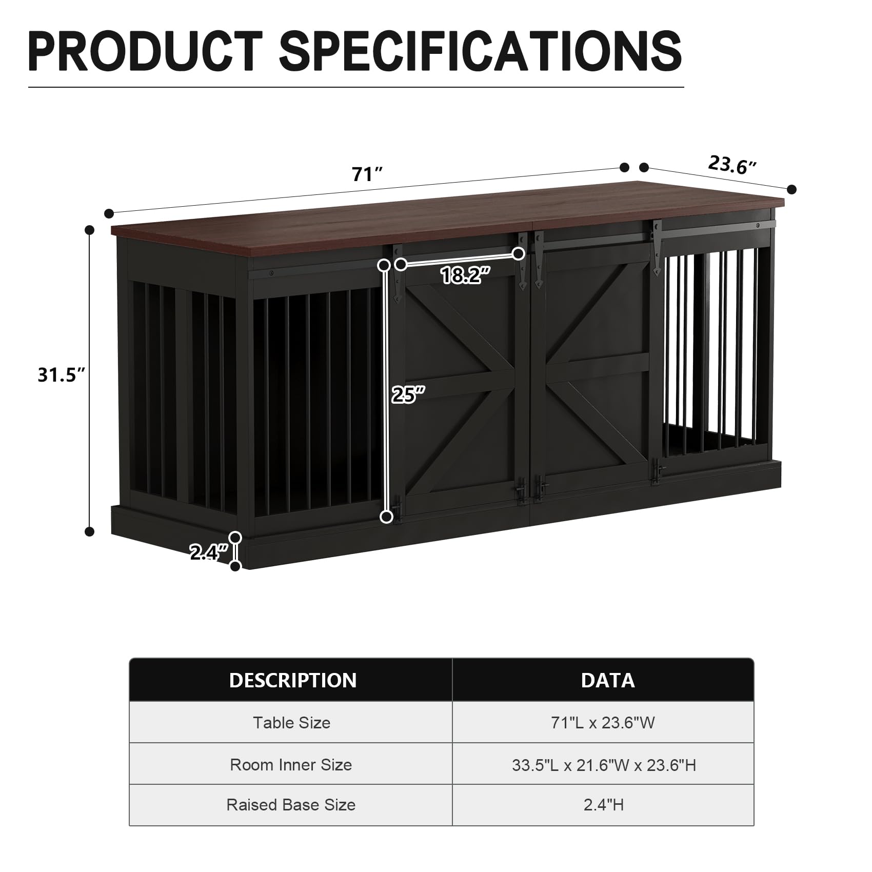 Dog Crate Furniture - Indoor Wooden Dog Kennel with Room Divider and Double Sliding Barn Doors - 71”x23.6”x31.5”H, Black - WoodArtSupply