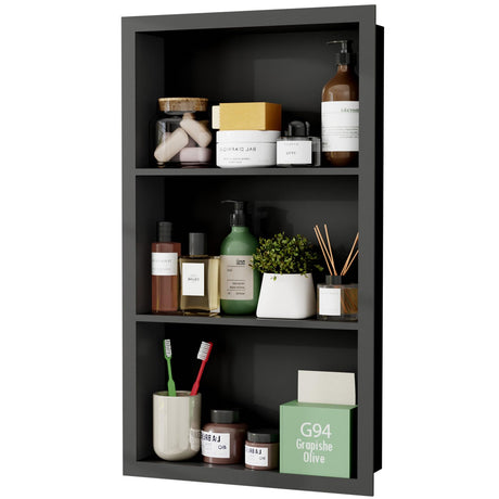 Giklux Stainless Steel Recessed Medicine Cabinet 14''*24'', Rust-Proof Metal Wall Niche, in Wall Shower Niche Shelf Insert Replacement, Recessed Medicine Cabinets for Drywall, Bathroom Storage, Black Giklux