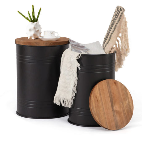 Poofzy Farmhouse End Tables Set of 2, Galvanized Metal Decor Side Table with Wood Lid, Coffee Table Storage Stool for Living Room (Black) Poofzy