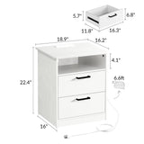 ODIKA Everyday Side Table with Fast Charging Station - USB C Cable Fast Charging, Wooden White Nightstand Bedside Table with 2 Drawers, End Table for Bedroom, Set of 1 ODIKA