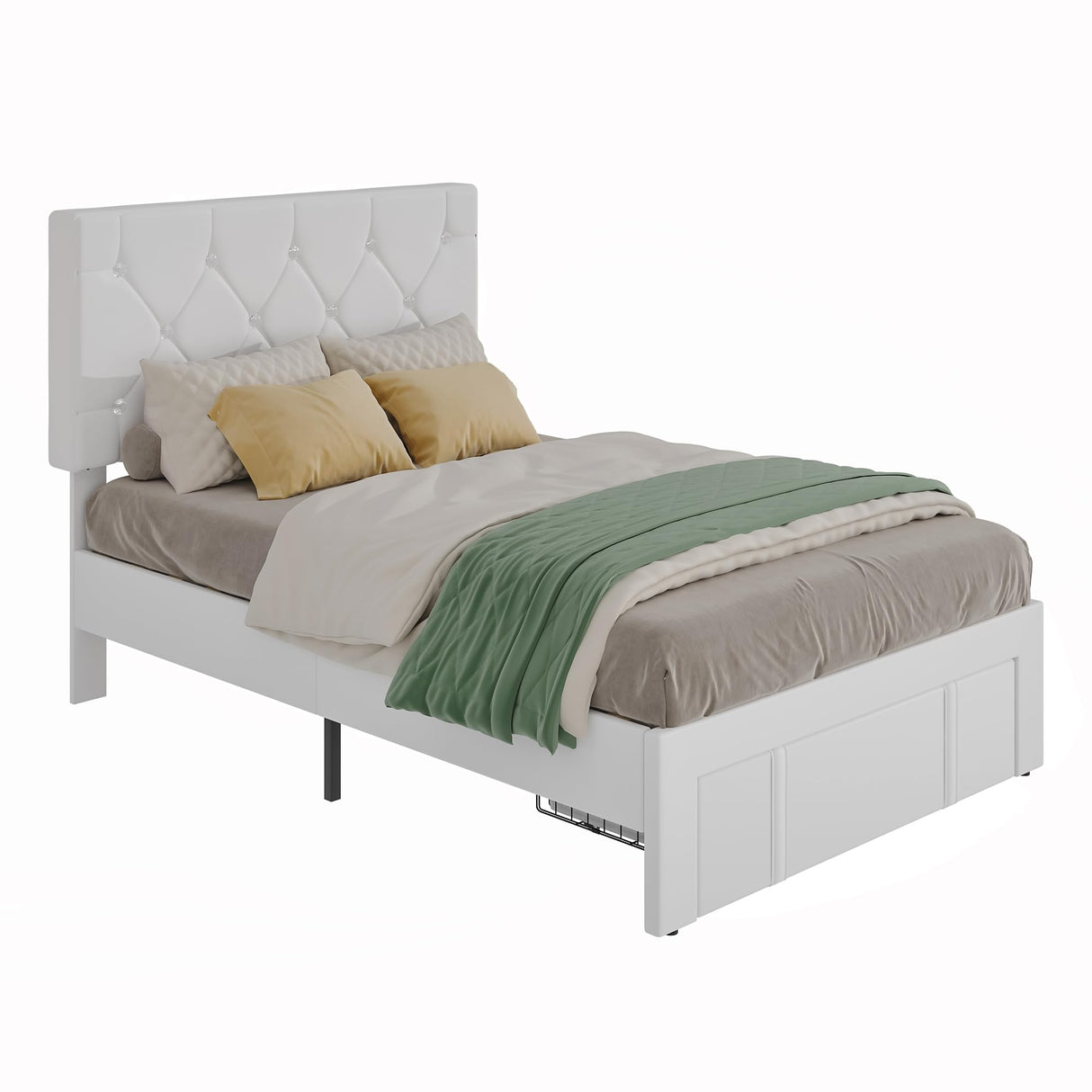 VECELO Twin Size Bed Frame with Storage Drawers, Leather Upholstered with Diamond Tufted Headboard, Solid Wood Slat Support, No Box Spring Needed, White VECELO