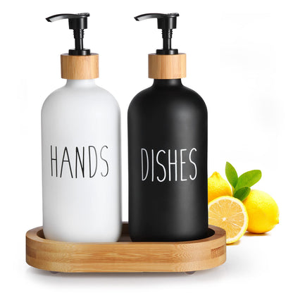 HULISEN Dish Soap Dispenser Set with Wood Tall Tray, Kitchen Soap Dispenser Set, Matte Hand and Dish Soap Dispenser Set for Modern/Boho/Farmhouse Kitchen Decor (Black & White)