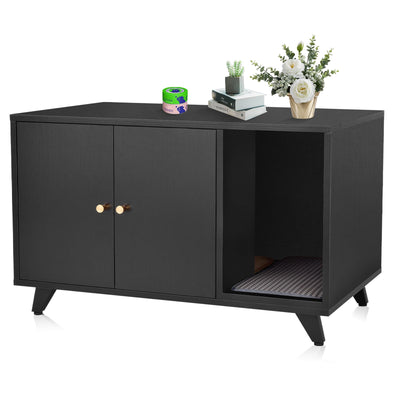 QuicMiou Cat Litter Box Enclosure, Hidden Litter Box Furniture Washroom Storage Cabinet, Modern Cat House with Scratche Pad (Black)