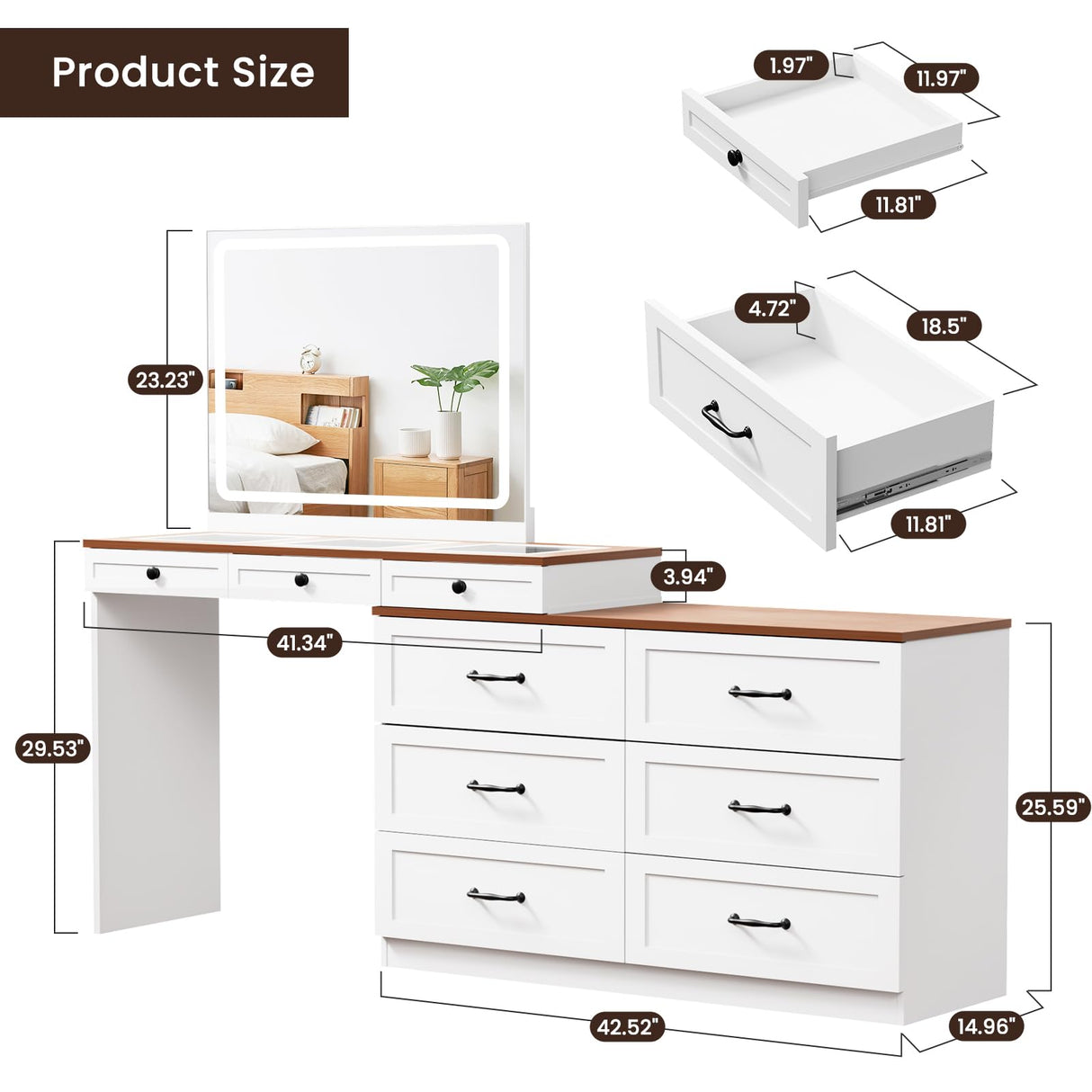Mixcous Vanity Desk with Mirror and Lights, Vanity Dresser Combo, Farmhouse Makeup Vanity with 9 Drawers, Glass Top Corner Vanity Dressing Table, Extendable Big Dressing Table Set for Bedroom, White Mixcous