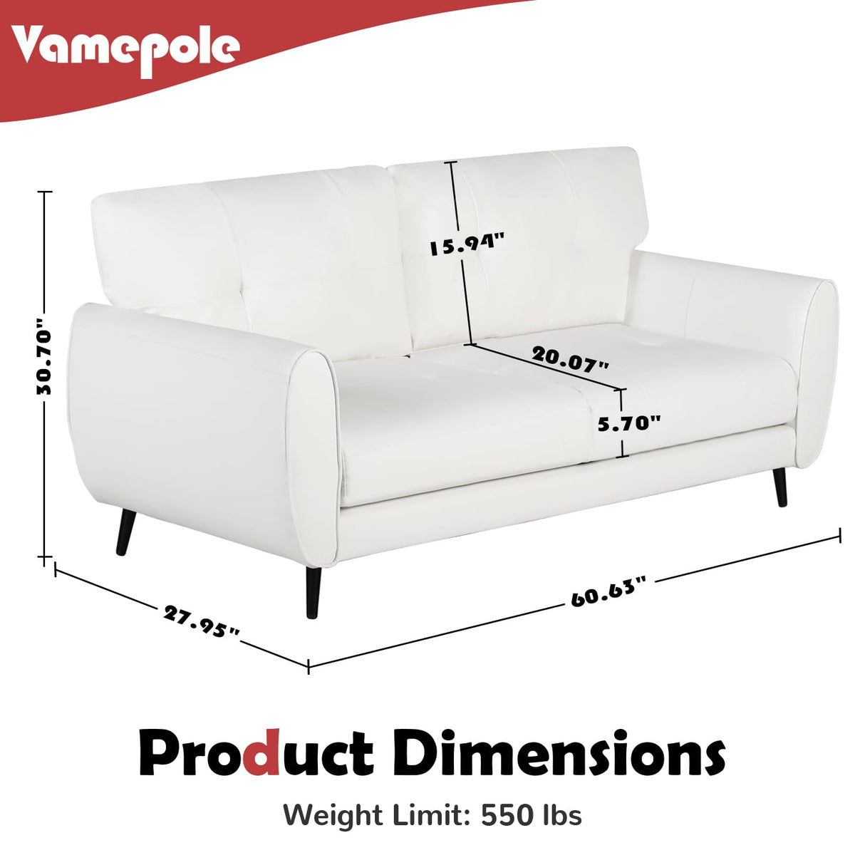 VAMEPOLE Sofa Couch, 60" Loveseat Sofa for Living Room, Mid Century Mini White Couch, Tufted Leather Love Seat Furniture, Comfy Office Sofa 2 Seat, Small Couches for Small Spaces, Bedroom, Apartment VAMEPOLE