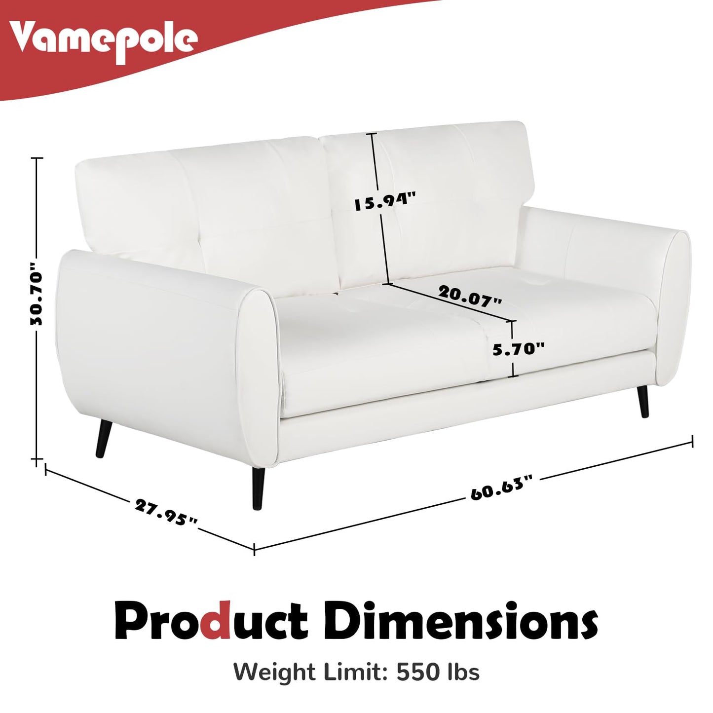 VAMEPOLE Sofa Couch, 60" Loveseat Sofa for Living Room, Mid Century Mini White Couch, Tufted Leather Love Seat Furniture, Comfy Office Sofa 2 Seat, Small Couches for Small Spaces, Bedroom, Apartment