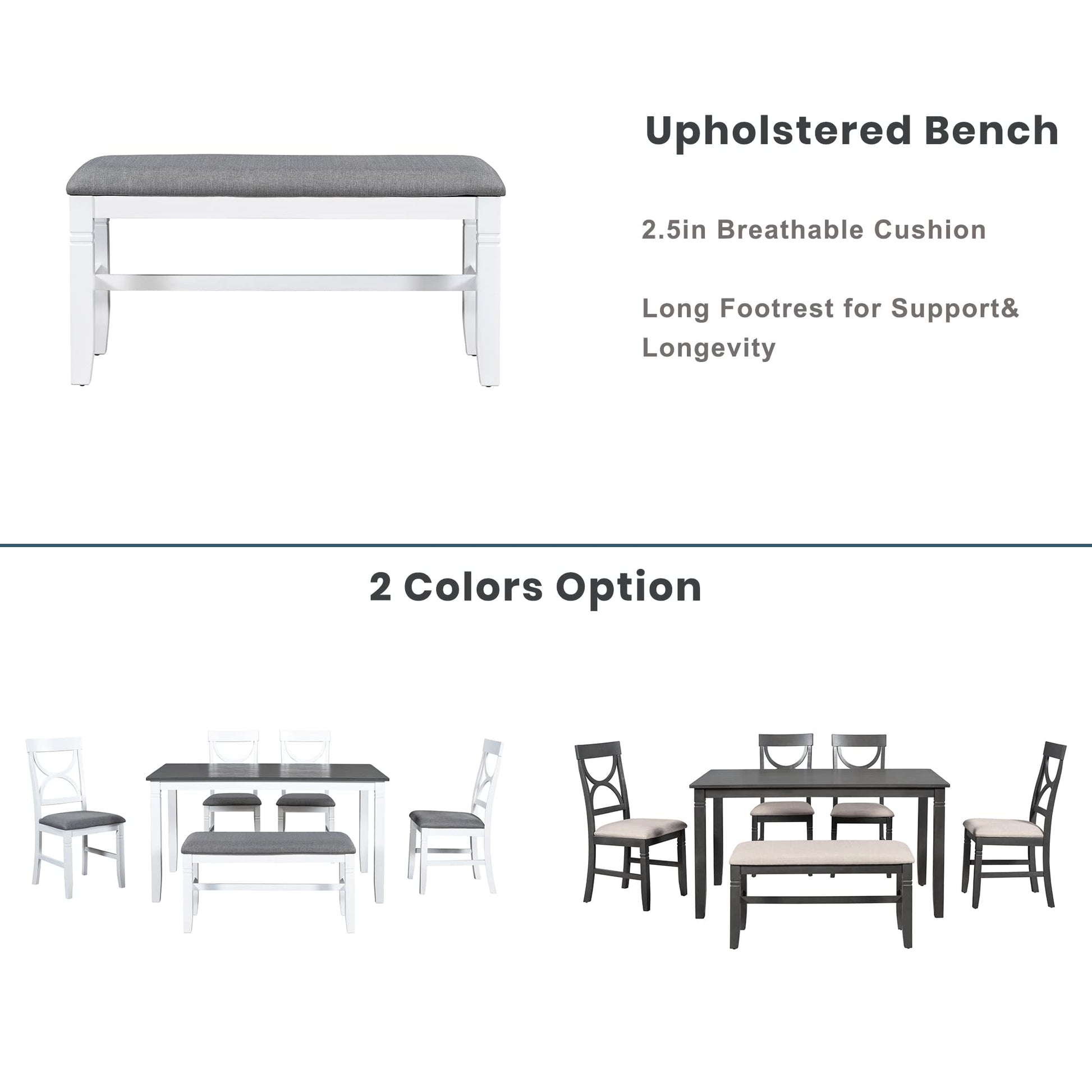 LostCat Dining Table Set, 6-Piece Wood Kitchen Table Set with Upholstered Bench and 4 Dining Chairs, Farmhouse Style Dining Room Table Set for Kitchen, Living Room, White+Grey - WoodArtSupply