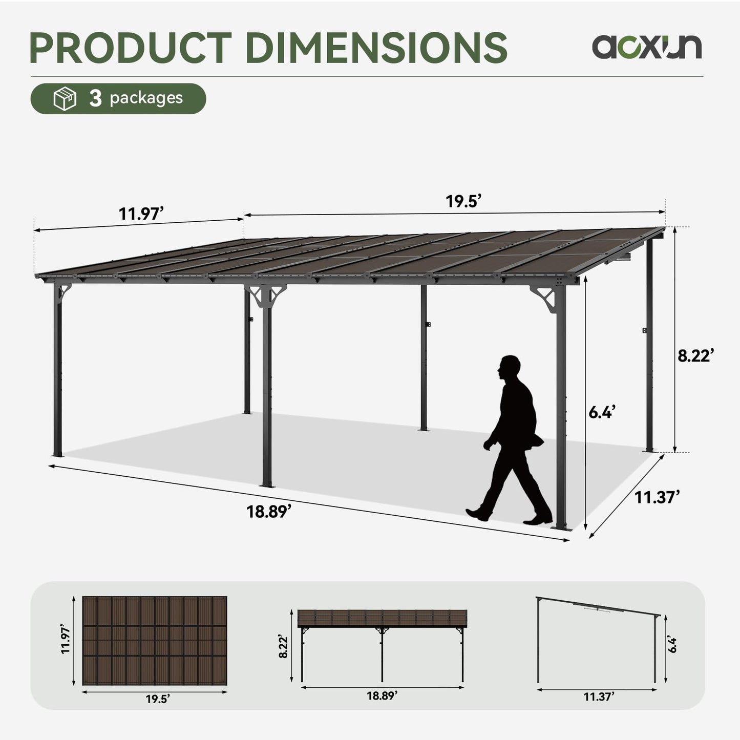 Aoxun 12' x 20' Gazebo for Patio, Gazebo Pergola with Sloped Roof, Large Wall-Mounted Heavy Duty Awnings, for Backyard, Deck, Patio