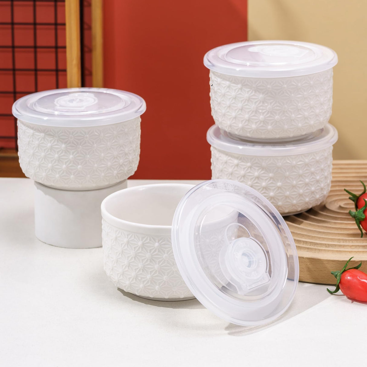 Mosuji 10 oz Set of 4 Oven-Safe Porcelain Ramekins with Lids, Large White Souffle and Creme Brulee Baking Dishes, Ramekin Bowls for Sauce and Dessert Mosuji