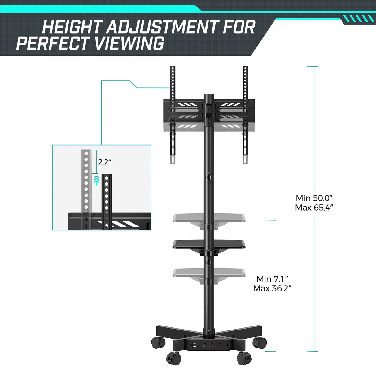 GREENSTELL TV Stand with Power Outlet, Mobile TV Cart on Wheels for 23-60 inch LED LCD Flat Curved Panel Screen TVs, up to 88 lbs, Height Adjustable Rolling TV Stand with AV Shelf, Max VESA 400x400mm GREENSTELL