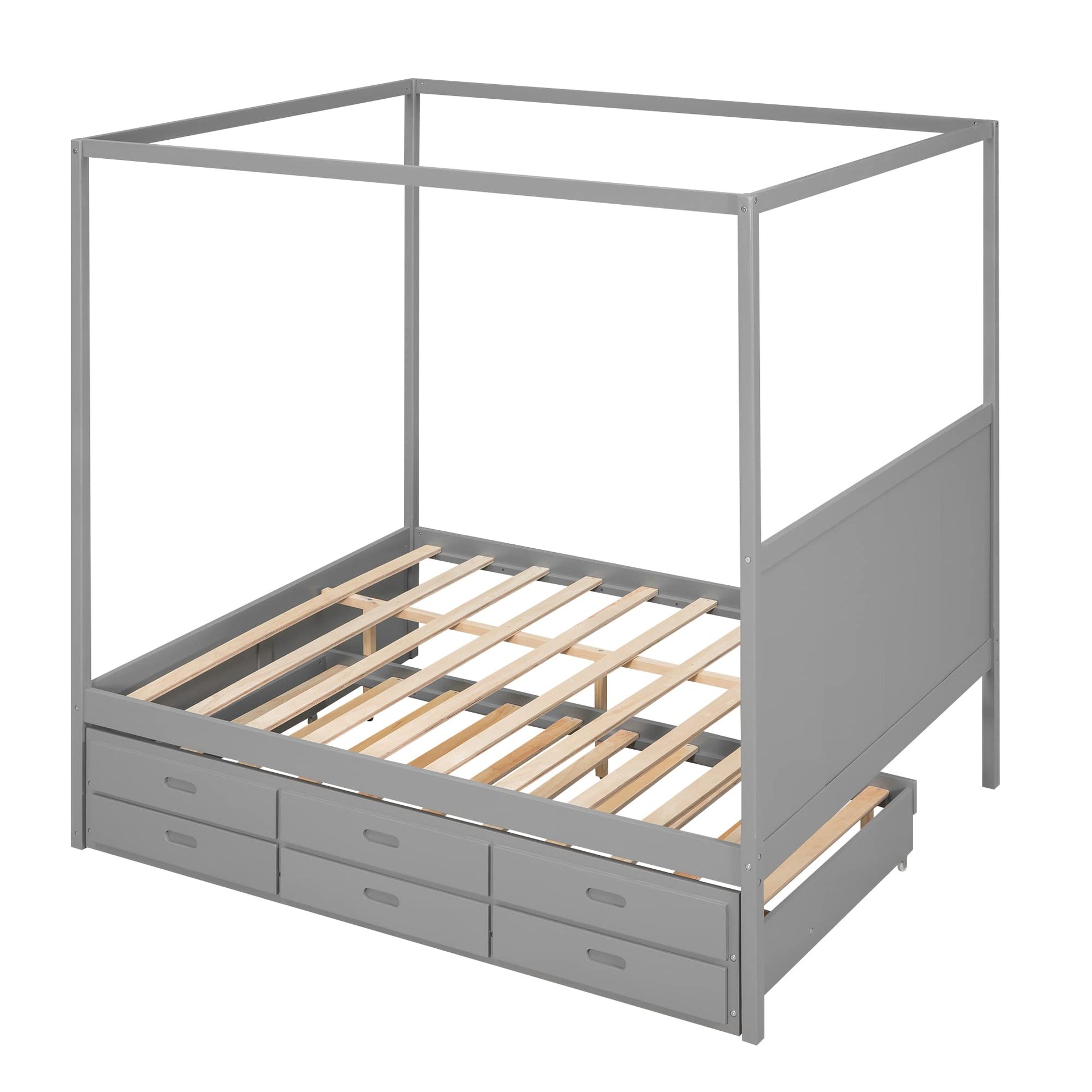 Harper & Bright Designs Grey Queen Canopy Bed with Twin Trundle and 3 Storage Drawers - WoodArtSupply