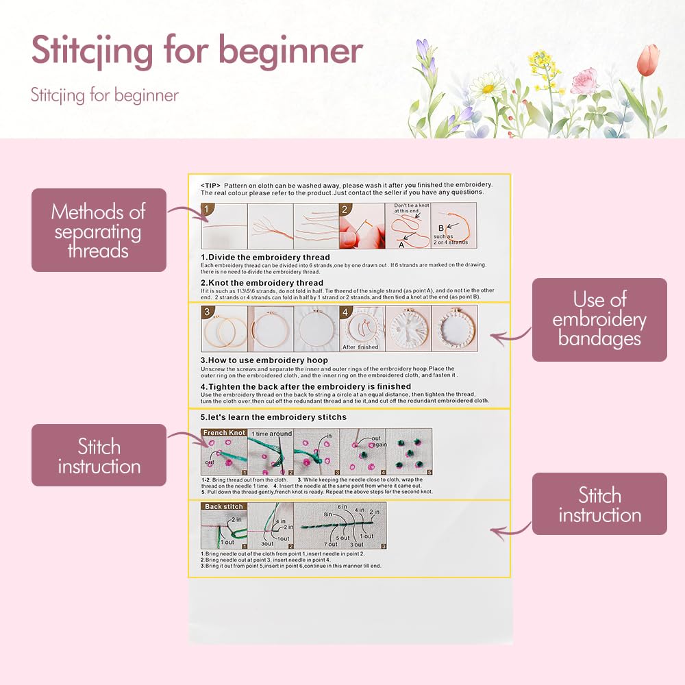 4 Pack Embroidery Kit for Beginners,Adults DIY Starter Kit,Cross Stitching Kits with Flower Stamped Patterns,Hoop,Tools,Colorful Threads with Needles,Step by Step Instructions,Hand Craft Lover Gift wtisan