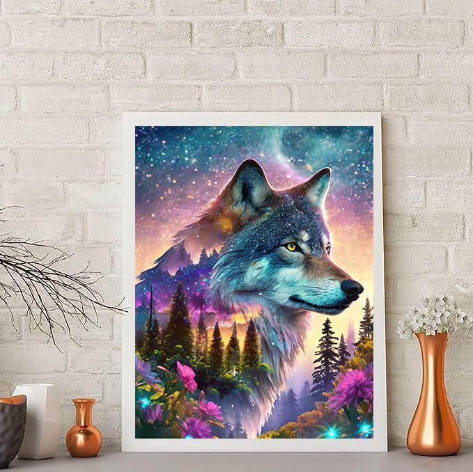 Ekuxom Wolf Diamond Art Kits for Adults, Forest Wolf Diamond Painting Kits, Round Full Drill Animal Wolf Diamond Art Painting Gem Art Wall Decor Gifts 12x16 inch Ekuxom