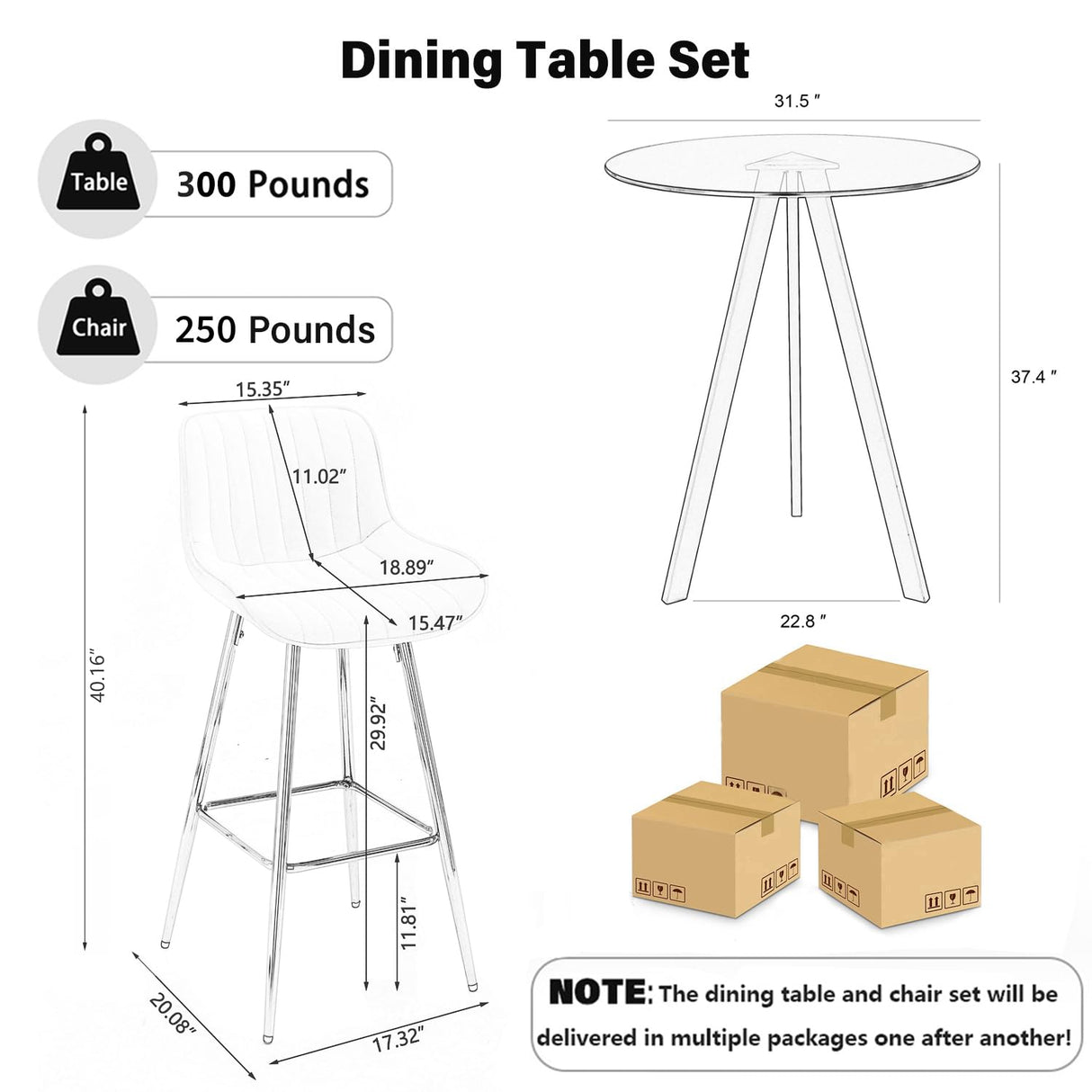 SIZOTA 3 Piece Pub Dining Set, Modern Round Bar Table and Chairs for 2, 30" Counter Height Barstools and Glass Kitchen Table Set, 31" Small Dining Table with 2 Stools(Beige) SIZOTA