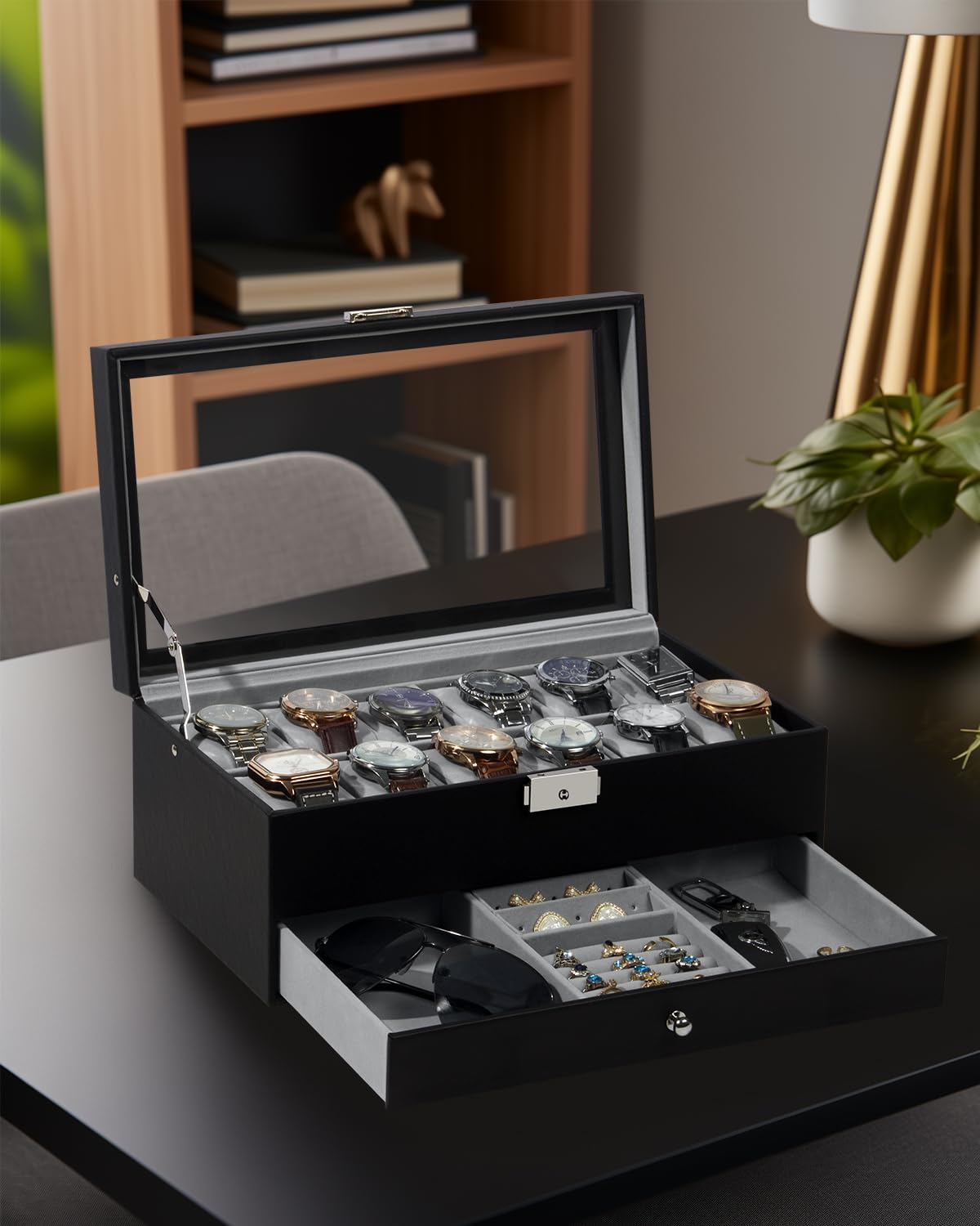 GUKA Watch Box 12 Slot Watch Display Organizer Leather Jewelry Case Drawer Glass Birthday for Men Women, Child Husband Dad GUKA