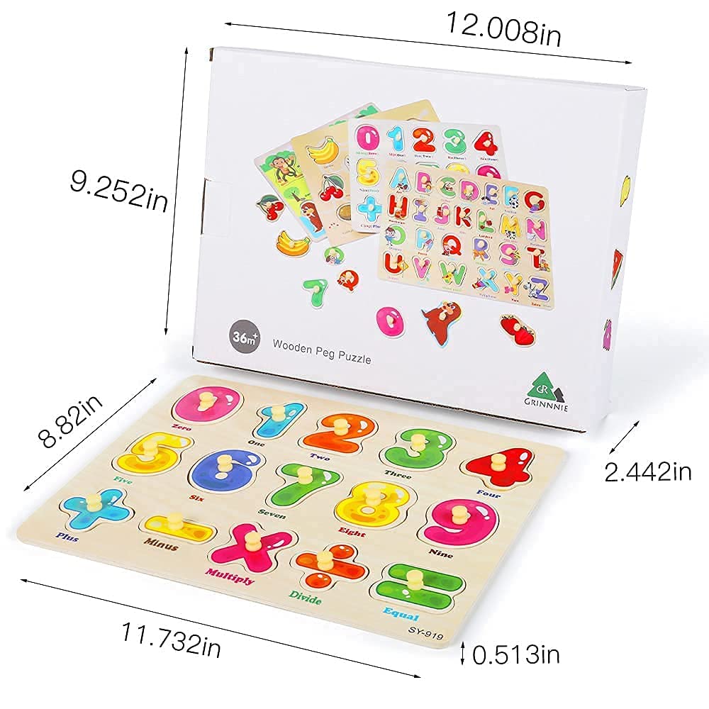GRINNNIE Wooden Peg Puzzle for Toddlers 2 3 4 Years Old, 4 PCS Montessori Educational Learning Puzzles Set-Numbers, Letters, Animals and Fruits, Great Preschool Gifts for Girls and Boys GR GRINNNIE