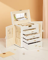 Homde Synthetic Leather Huge Jewelry Box Mirrored Watch Organizer Necklace Ring Earring Storage Lockable Gift Case (White + Gold) Homde
