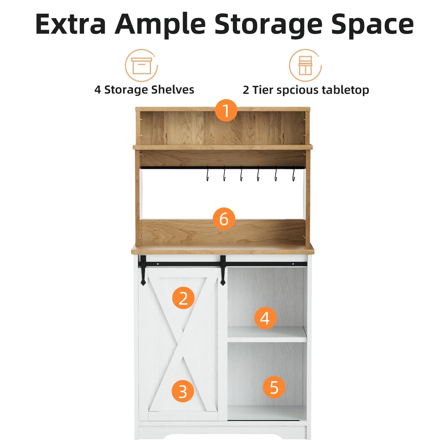 BestHaped Farmhouse Coffee Bar Cabinet with 3 Tier Storage Hutch, 56 Inch Coffee Bar with 6 Hooks, White Small Coffee Station Coffee Bar Table with Adjustable Shelves for Living Dining Room