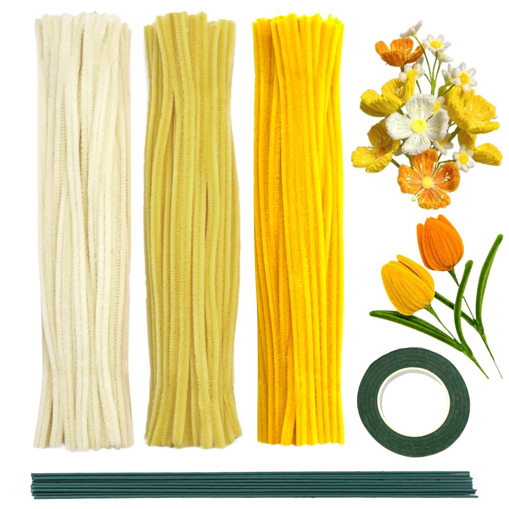 URSDIART 311pcs Pipe Cleaners Flowers Kit,300pcs Yellow Pipe Cleaners Crafts Chenille Stems Bulk 10 Flower Stems Green Tape, Art and Craft Projects Supplies for Flowers, Classroom Project,Decoration URSDIART
